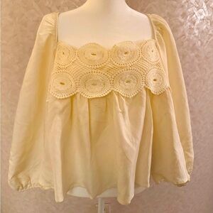By Anthropologie Cream Linen Blend Babydoll Blouse